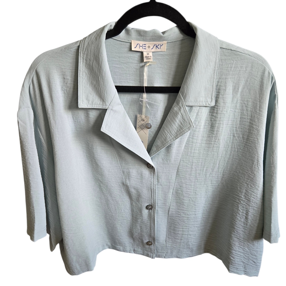 SHE + SKY Cropped Button Front Top Sage Green Layering NWT Flowy